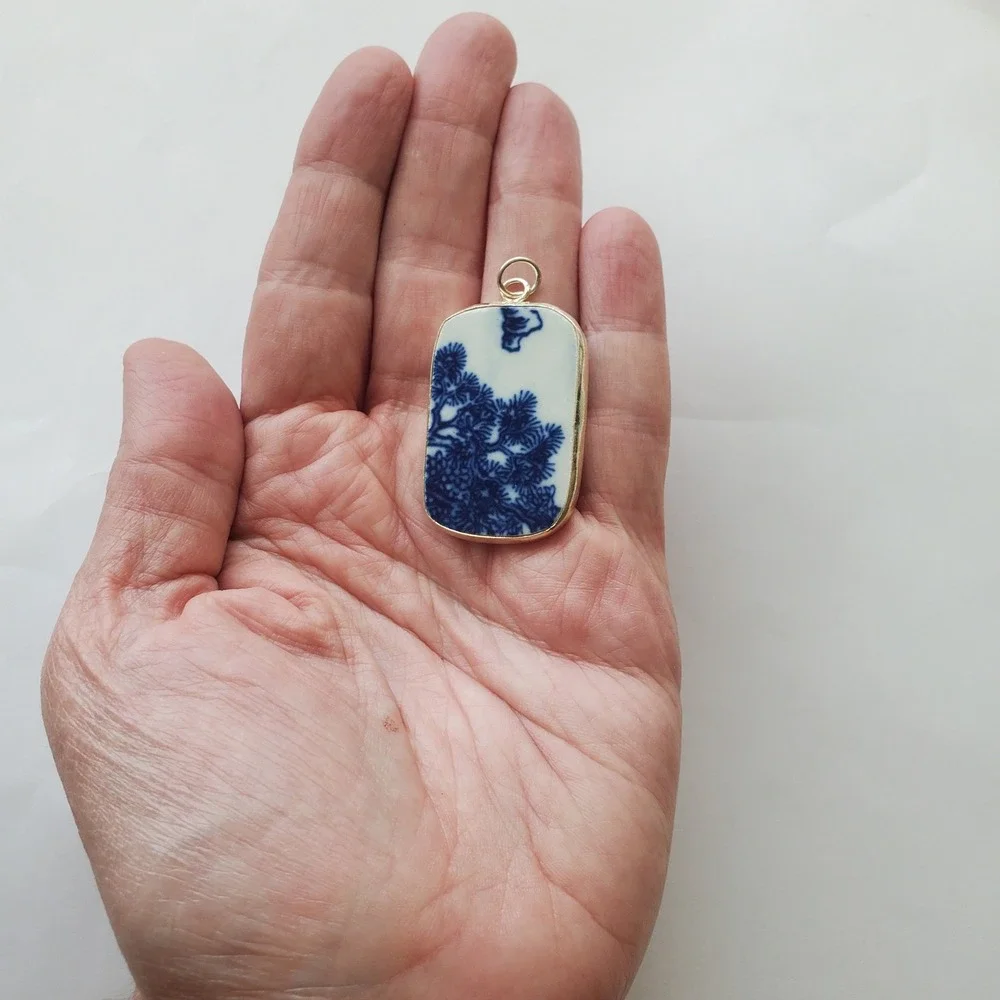 Vintage Blue & White Bonsai Tree Pottery Shard Pendant Chinoiserie Focal Jewelry